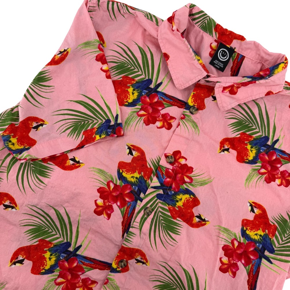 Neff Men's Pink Parrot Floral Print Short Sleeve Button Up Shirt Size Large Surf